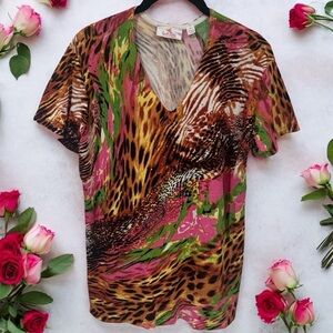 Quacker Factory Leopard and Floral Print Rhinestone V-Neck Blouse Size S